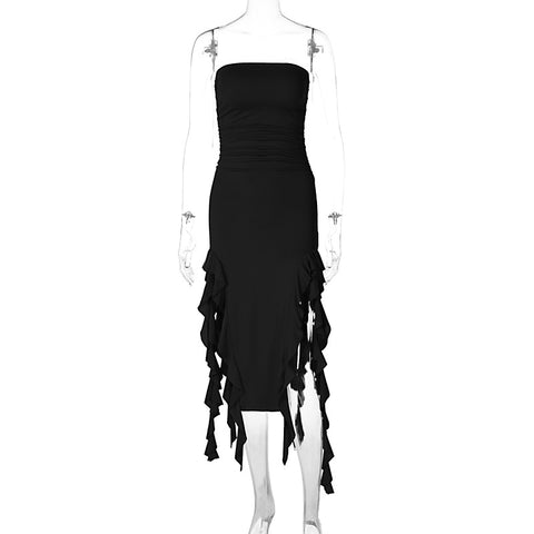 Summer Maxi Women's Dress Vintage Elegant black Sleeveless Slim Backless Irregular Tassel Party Dresses Street Robe