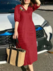 Women V Neck A-line Vestidos Solid Holiday Casual Summer Dresses Commute Half Sleeve Floral Embroidery Midi Dress