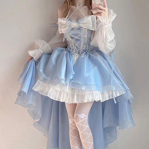 French Romantic Lolita Elegant Dress Irregular Cosplay Princess Puff Sleeve Bowknot Flower Mesh Fantastic Fairy Dresses