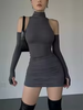 Ruched Bodycon Dress Women Turtleneck Mini Dresses With Sleeves Autumn Black Skinny Stretchy Party Vestidos Y2K Clothing