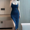 Sexy Camis Y2K Mid Dress Women Summer Vintage Y2K Backless Split Kpop Dresses Woman Evening Party Navy Black off Shoulder Cloth