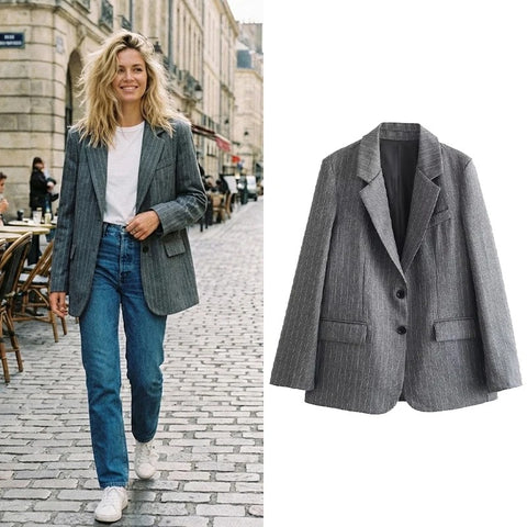 Women's Gray Striped Single-Breasted Blazer with Notched Lapels and Pockets