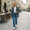 Women's Gray Striped Single-Breasted Blazer with Notched Lapels and Pockets