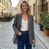 Women's Gray Striped Single-Breasted Blazer with Notched Lapels and Pockets