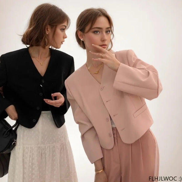 Women's 5 Colors Autumn Chic Korea Design Short High Street Cute Elegant Office Button Notched Blazer