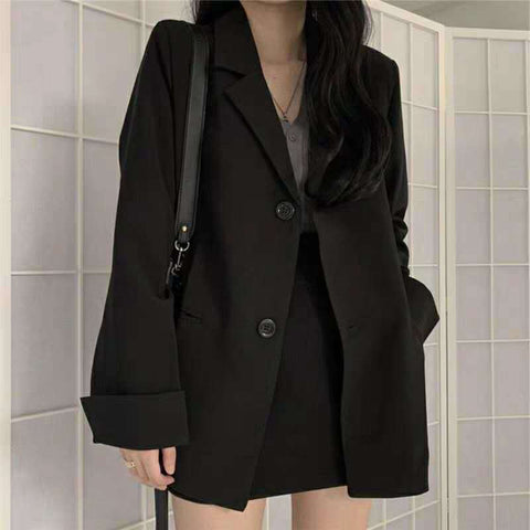 Women Spring Autumn Casual Office Lady Blazers Solid Notched Long-sleeve Suit Female Loose Button Casual Jacket