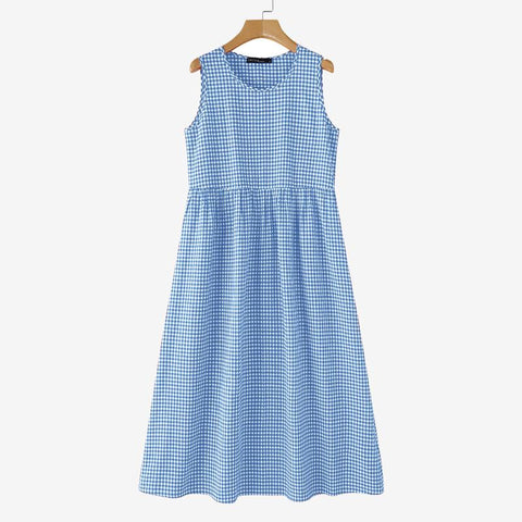 Summer Plaid Checked Sundress Sleeveless Bohemain Holiday Dresses Women Elegant O Neck Dress Casual Baggy Work Vestidos
