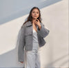 Women's Gray Tweed Blazer Jacket with a Loose Fit and Long Sleeves