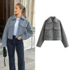 Women's Gray Tweed Blazer Jacket with a Loose Fit and Long Sleeves