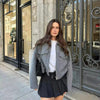 Women's Gray Tweed Blazer Jacket with a Loose Fit and Long Sleeves