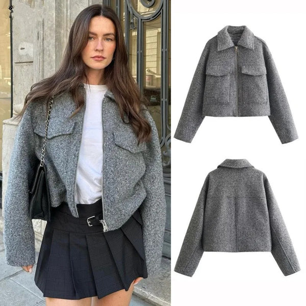 Women's Gray Tweed Blazer Jacket with a Loose Fit and Long Sleeves