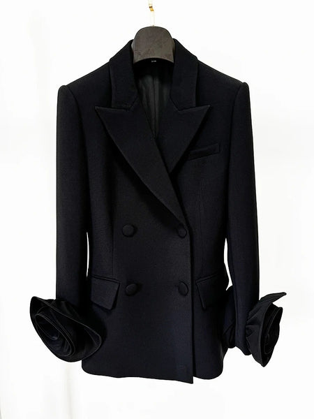 Women's Black Double-Breasted Blazer with Floral Appliques