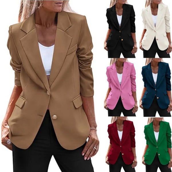 Women's Slim-Fit Blazer Jacket with Notched Lapels Pockets and Long Sleeves in Eight Colors