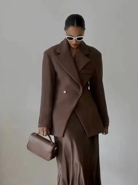Women's Brown Slim Short Blazer with Notched Lapels and a Two-Button Front