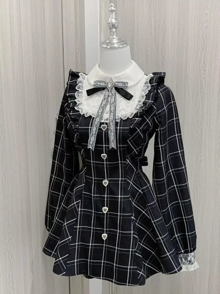 Harajuku Sweet Bow Black Plaid Dresses All-match Slim Fit Kawaii Lolita Dress for Women Autumn Long Sleeve Vestidos De Mujer