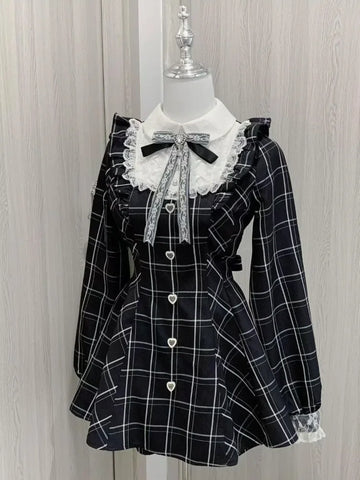 Harajuku Sweet Bow Black Plaid Dresses All-match Slim Fit Kawaii Lolita Dress for Women Autumn Long Sleeve Vestidos De Mujer