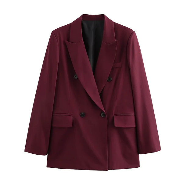 Women's Claret Long Blazer with a Relaxed Fit and Long Sleeves
