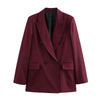 Women's Claret Long Blazer with a Relaxed Fit and Long Sleeves