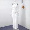 Women's Satin Maxi Dress, Sleeveless Asymmetric Halter Neck with Long Scarf Tie, Open Back and Side Slit