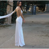 Women's Satin Maxi Dress, Sleeveless Asymmetric Halter Neck with Long Scarf Tie, Open Back and Side Slit