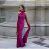 Women's Satin Maxi Dress, Sleeveless Asymmetric Halter Neck with Long Scarf Tie, Open Back and Side Slit