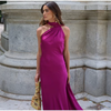 Women's Satin Maxi Dress, Sleeveless Asymmetric Halter Neck with Long Scarf Tie, Open Back and Side Slit