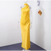 Women's Satin Maxi Dress, Sleeveless Asymmetric Halter Neck with Long Scarf Tie, Open Back and Side Slit