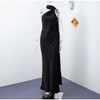 Women's Satin Maxi Dress, Sleeveless Asymmetric Halter Neck with Long Scarf Tie, Open Back and Side Slit