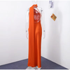 Women's Satin Maxi Dress, Sleeveless Asymmetric Halter Neck with Long Scarf Tie, Open Back and Side Slit