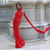 Women's Satin Maxi Dress, Sleeveless Asymmetric Halter Neck with Long Scarf Tie, Open Back and Side Slit