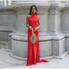 Women's Satin Maxi Dress, Sleeveless Asymmetric Halter Neck with Long Scarf Tie, Open Back and Side Slit