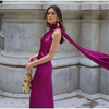 Women's Satin Maxi Dress, Sleeveless Asymmetric Halter Neck with Long Scarf Tie, Open Back and Side Slit