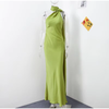 Women's Satin Maxi Dress, Sleeveless Asymmetric Halter Neck with Long Scarf Tie, Open Back and Side Slit