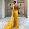 Women's Satin Maxi Dress, Sleeveless Asymmetric Halter Neck with Long Scarf Tie, Open Back and Side Slit