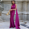 Women's Satin Maxi Dress, Sleeveless Asymmetric Halter Neck with Long Scarf Tie, Open Back and Side Slit