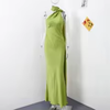 Women's Satin Maxi Dress, Sleeveless Asymmetric Halter Neck with Long Scarf Tie, Open Back and Side Slit