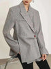 Women's Gray Striped Blazer with Notched Lapels and a Gathered Waist