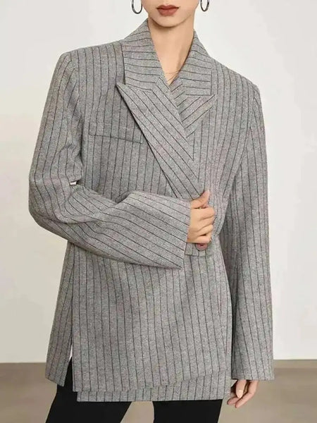 Women's Gray Striped Blazer with Notched Lapels and a Gathered Waist