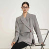 Women's Gray Striped Blazer with Notched Lapels and a Gathered Waist