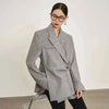Women's Gray Striped Blazer with Notched Lapels and a Gathered Waist