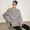 Women's Gray Striped Blazer with Notched Lapels and a Gathered Waist