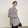 Women's Gray Striped Blazer with Notched Lapels and a Gathered Waist