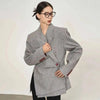 Women's Gray Striped Blazer with Notched Lapels and a Gathered Waist
