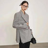 Women's Gray Striped Blazer with Notched Lapels and a Gathered Waist