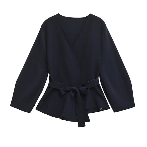 Spring Women Shoulder Pad Belt Knit Blazer Women Retro V-neck Long Sleeve Versatile Female Coat Women Clothes 9598, 128