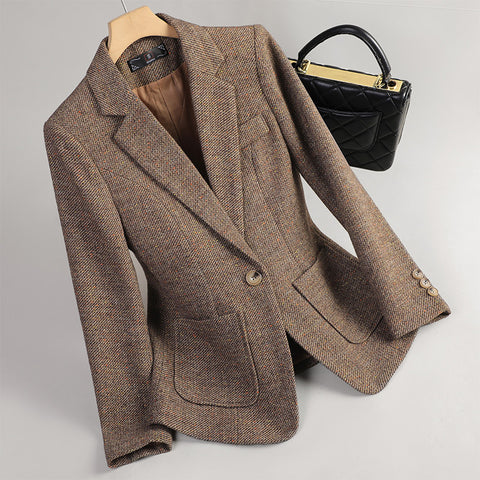 Women Long Sleeve Woolen Suit Jacket Autumn Winter Coat Ladies Office Wool Blazer Female Formal Thick Outerwear