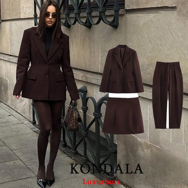 Women's KONDALA Chic Casual Solid Suit Pockets Button Blazer Straight Loose Pants Zipper Skirt Autumn Winter Sets