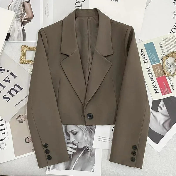 Women's Cropped Blazer with Single-Button Closure and Notched Lapels
