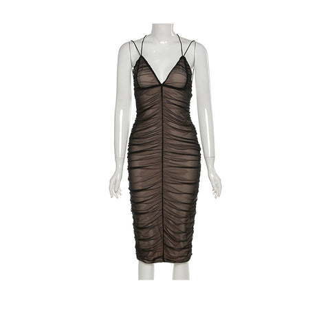 Black Mesh Pleated Midi Prom Dress for Women