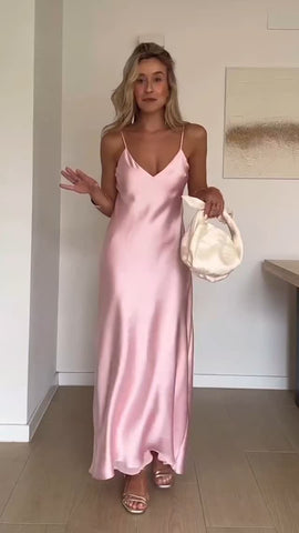 Women Off Shoulder Pink Satin Maxi Dress